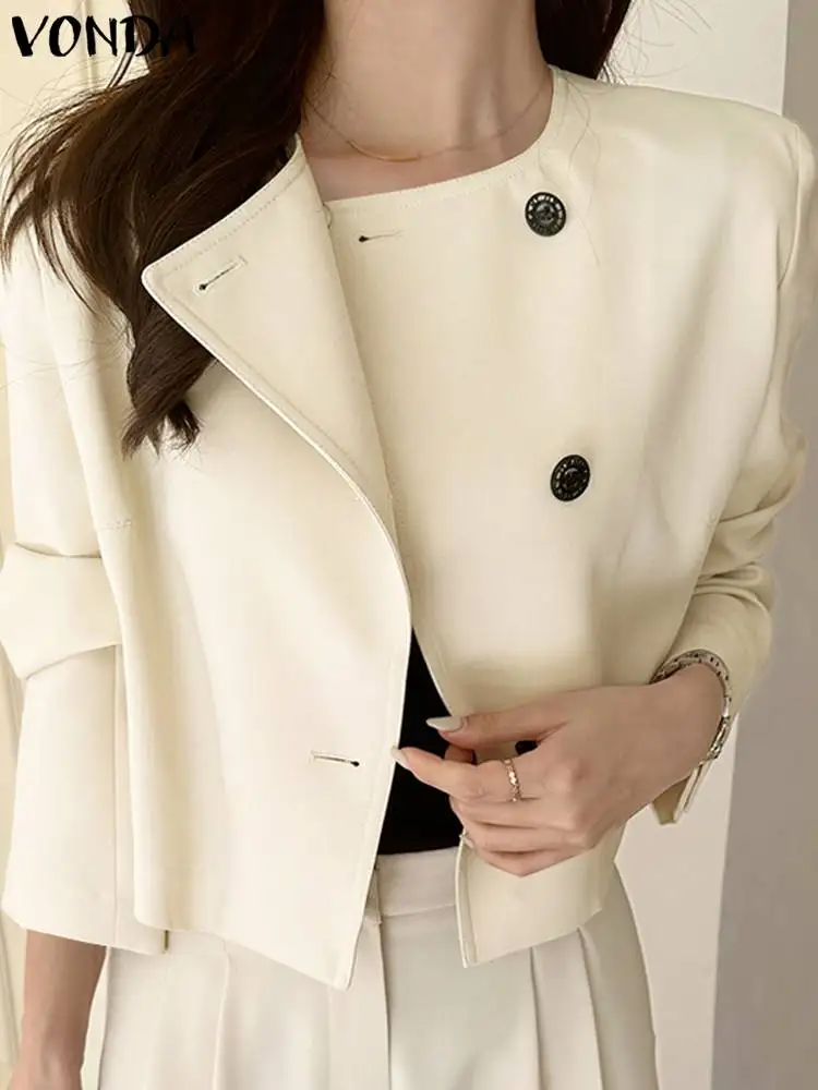 

2024 VONDA Autumn Blazer Fashion Women Buttons Long Sleeve Coats O Neck Solid Color Casual Loose Blazer Oversized Femme Outwears