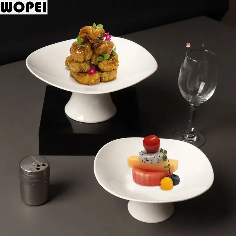 Pure White Simple Ceramic Main Dish Plate Hotel Restaurant Kitchen Special Tableware Creative High-foot Fruit Salad Plate