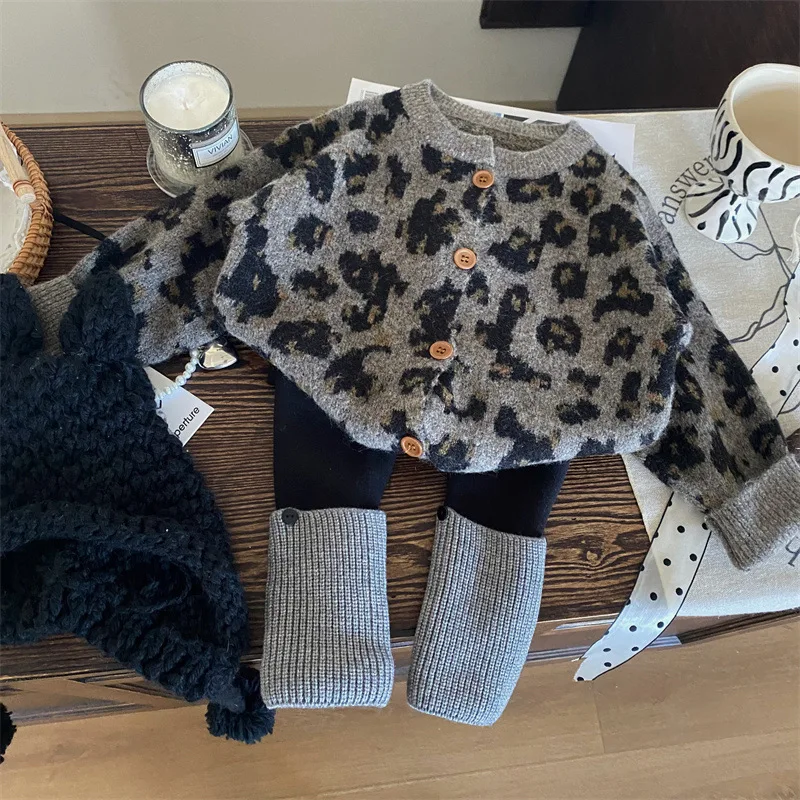 WOOFOO Children Autumn 1-8Y Kids Girls Leopard Print Cotton Knit Cardigan for Girls Stacked Sock Leggings Outfit Warm Daily Wear
