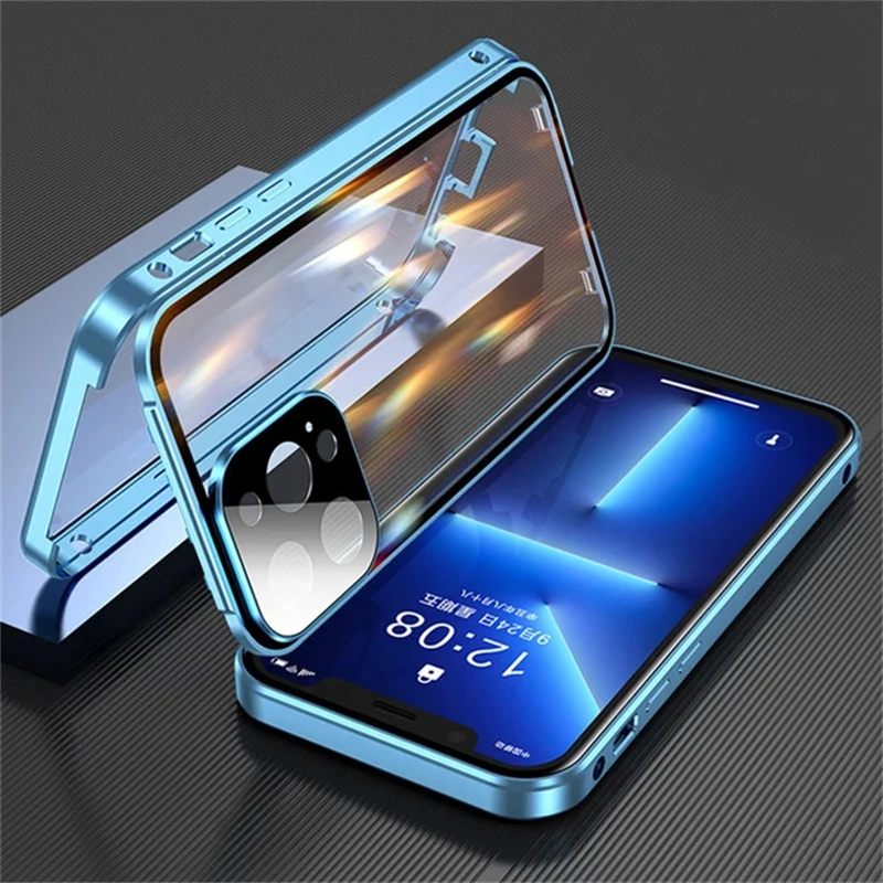 

Luxury Magnetic Double Sided Glass Snap Lock Phone Case For iPhone 15 14 11 12 13 Pro Max All inclusive Shockproof Back Cover