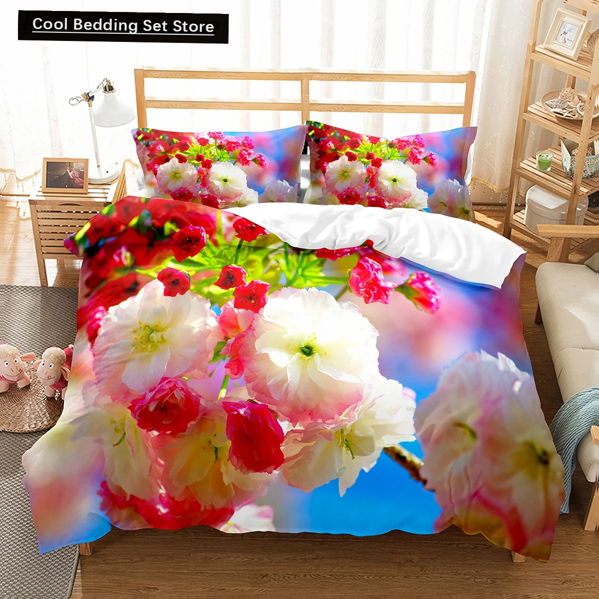 Frühlings blumen König Königin Bett bezug bunte Blumen Bettwäsche Set Kirschblüten Bett bezug 2/3 stücke Polyester Bettdecke