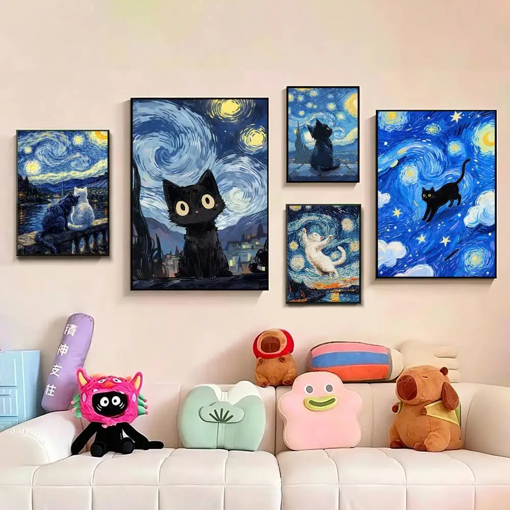 

Cute Cat V-Van G-Gogh Starry Sky Poster Waterproof Wall Art Sticker For Bar Living Room Vintage Decor