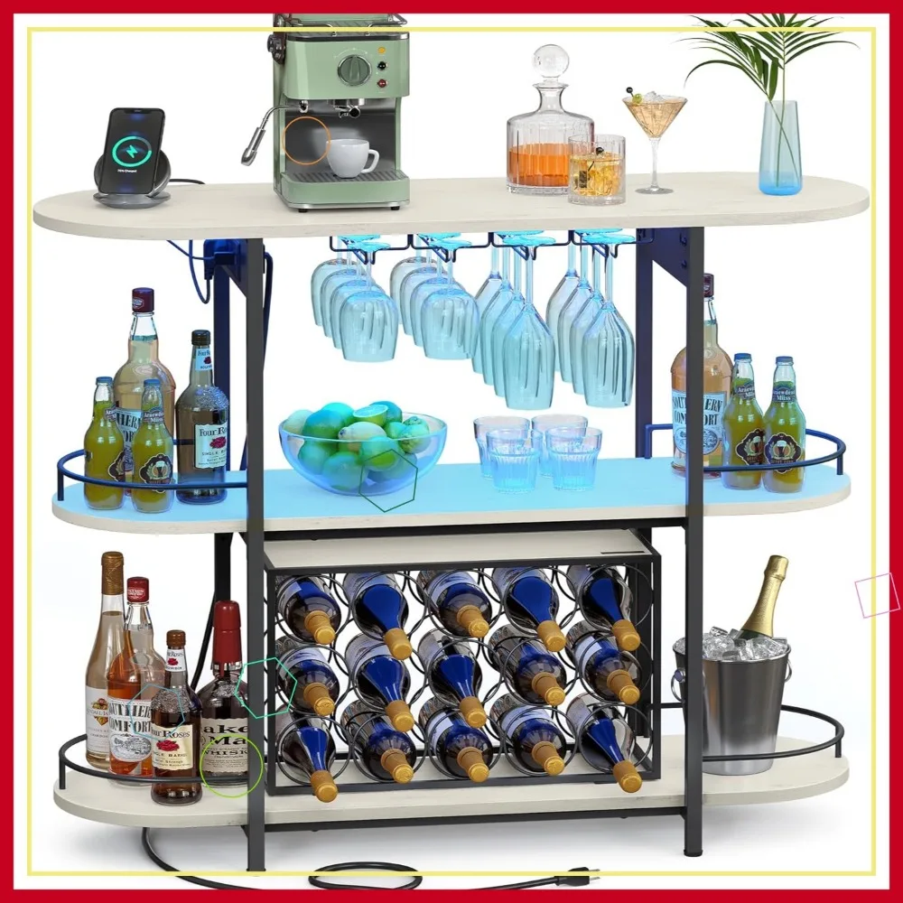 

Freestanding Bar Cabinet with LED Lights, Power Outlets, Wine Rack and Glass Holder for Kitchen or Dining Room in Rustic White
