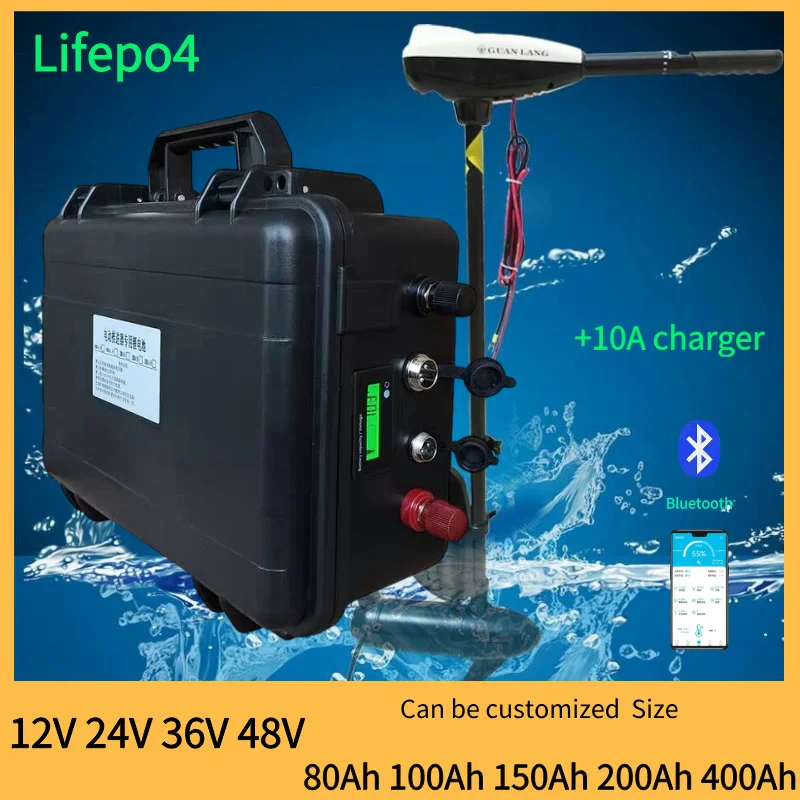 

Водонепроницаемый аккумулятор Lifepo4 12 В, 24 В, 36 В, 48 В, 80 Ач, 100 Ач, 150 Ач, 200 Ач, 400 Ач, BMS внутри для троллинга, моторного лодки, автофургона + зарядное устройство для кемпинга