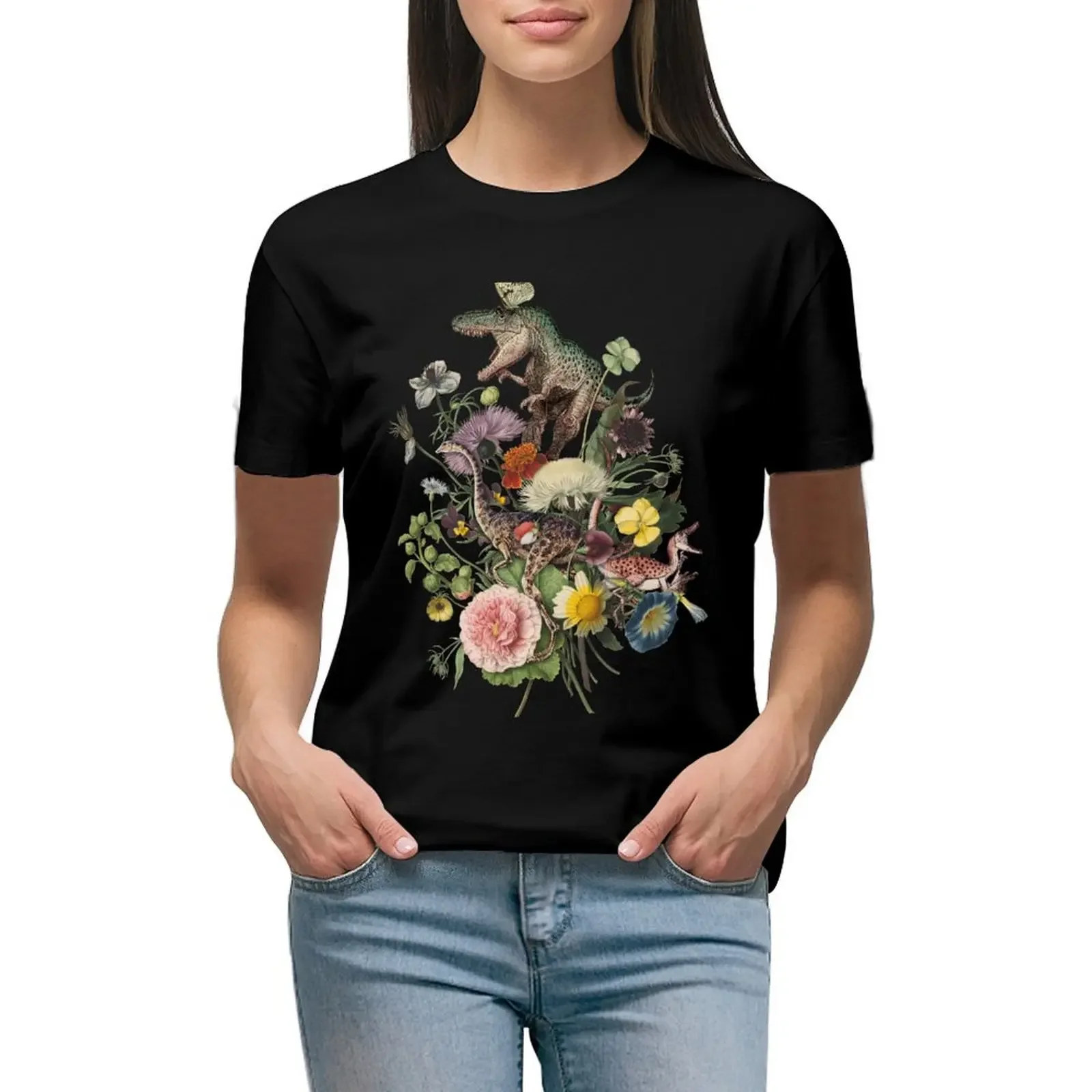 Cottagecore DINO-MITE Dinosaur Botanical Bouquet T-Shirt lady clothes summer top graphic t-shirts for Women