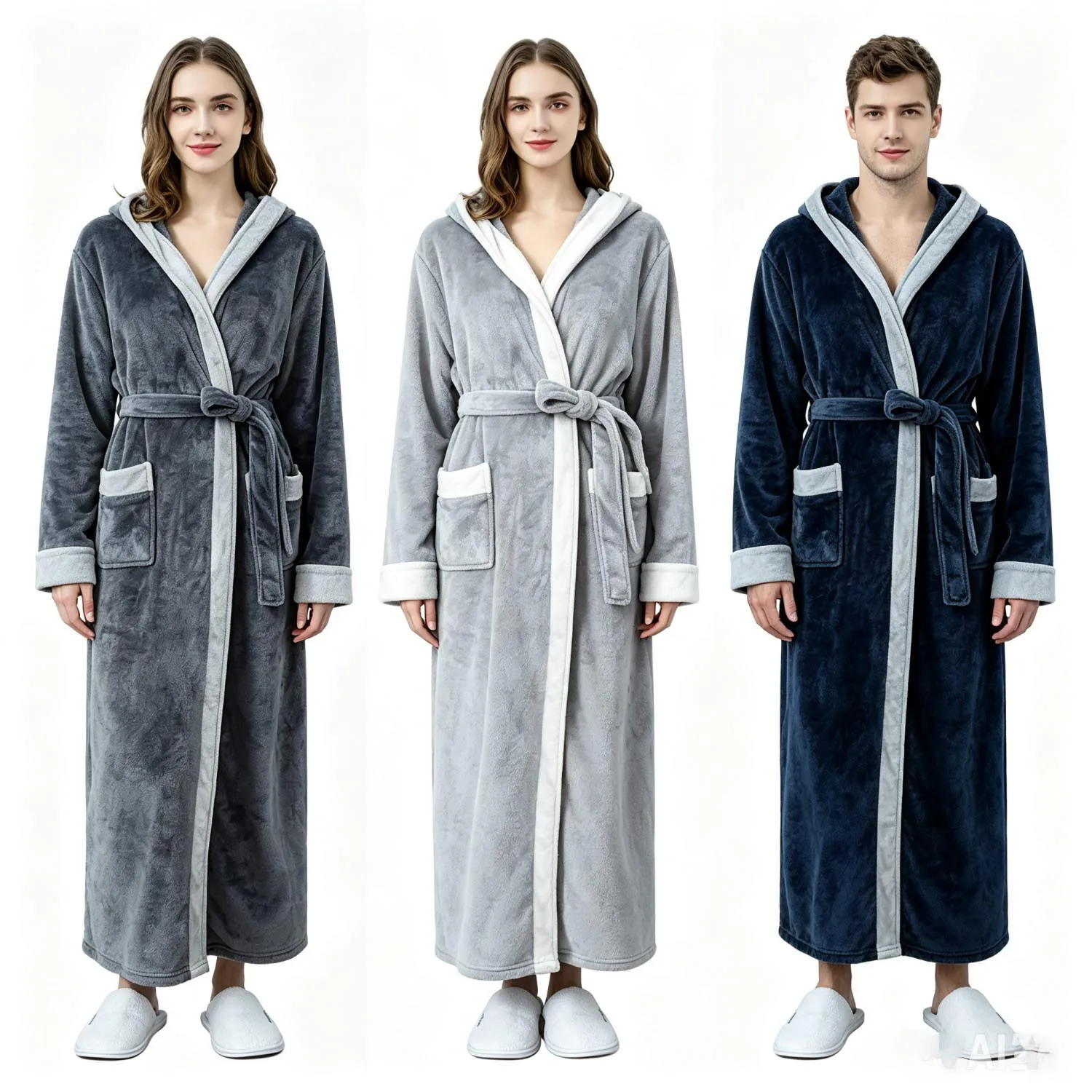 Solid Color Hooded Couple Bathrobe Grey Navy Blue Long Coral Fleece Robe Belted Winter Warm Loungewear Sleep Dress With Pockets