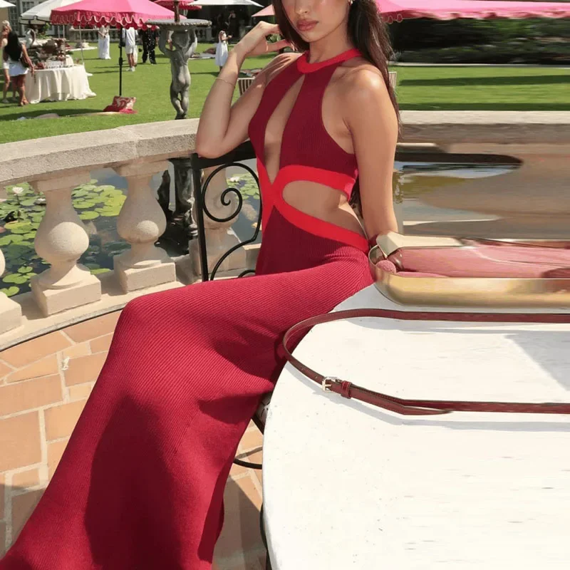 Sexy Aushöhlen Kontrast Farbe Lange Kleid Frau Frühling O Neck Schlank Bodycon Party Kleid Sommer Backless Hohe Taille Bohemian Kleid