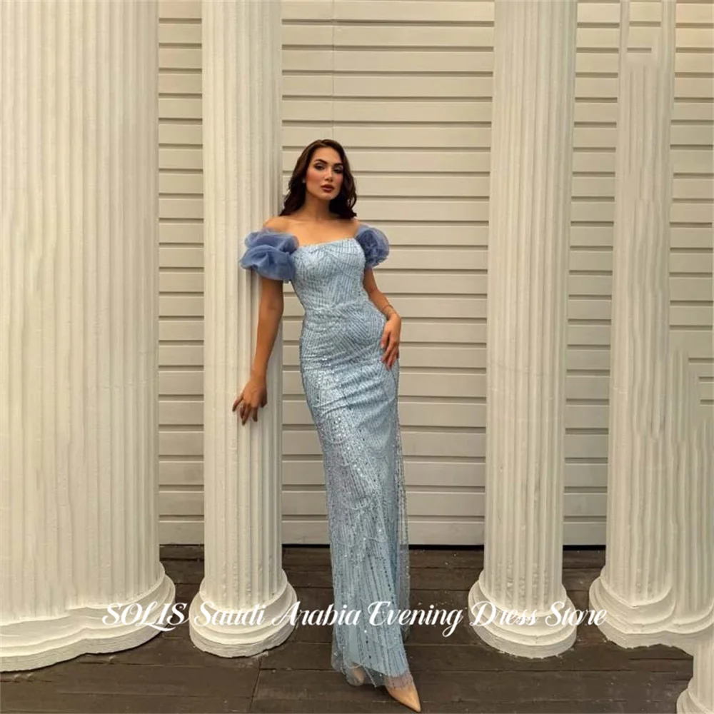 

SOLIS Dusty Blue Prom Dresses Off Shoulder Short Sleeve Celebrity Dress Glitter Sequin Trumpet Evening Dress Simple Customized