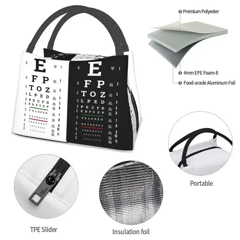 Snellen Eye Test Lunch Bag Isolado, Optometrista Optometrista, Refrigerador Térmico Reutilizável, Lancheira para Mulheres, Tote de Piquenique