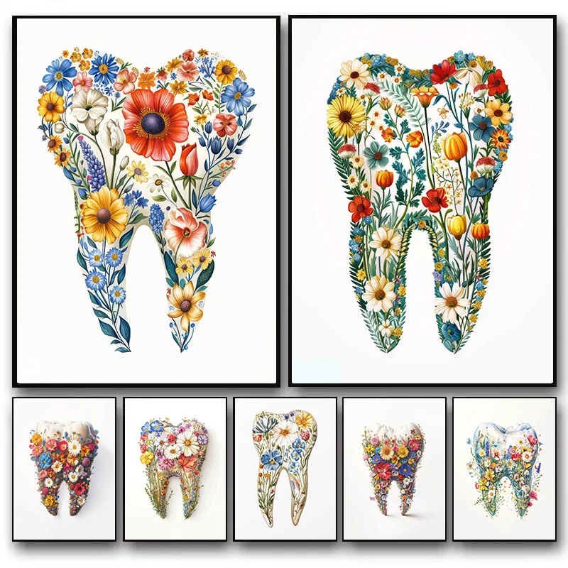 Colorful Flowers Tooth Drawing Posters and Prints Canvas Printing Modern Wall Art Picture for Dental Clinic Home Room Decoration