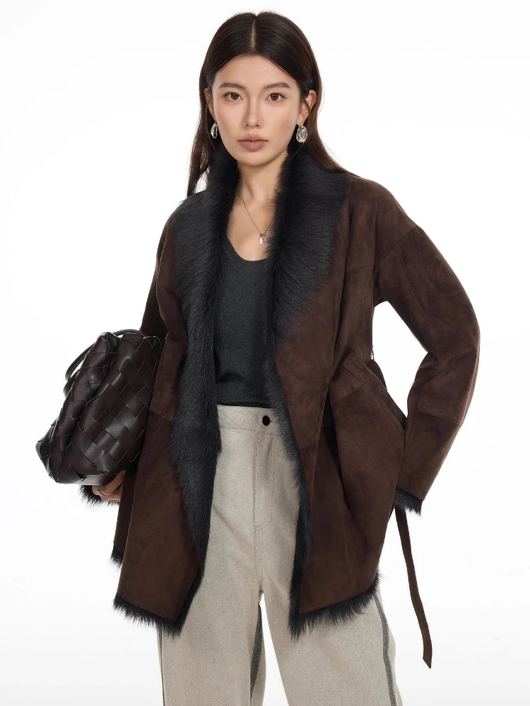 High-end luxe Toscana lamsbont winter suède jassen voor dames eenvoudige elegante lederen echt bont shearling jas met riem