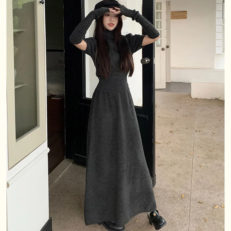 Fashion 2 Piece Skirt Set Women Short Sleeve Sweaters High Waist A-line Long Skirts Office Lady Slim Knitted Two Pieces Suits