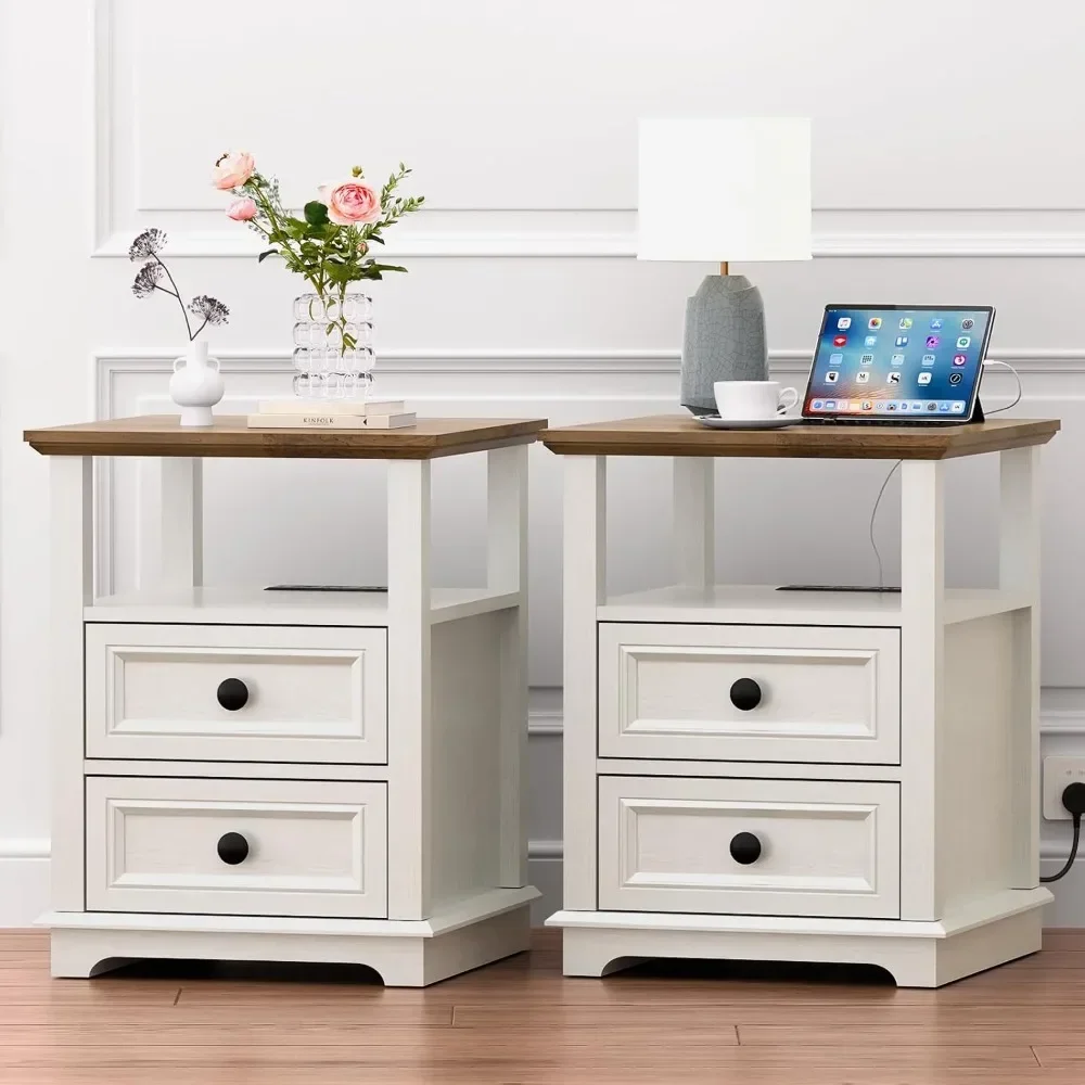 

24” Large End Table with Fast Charging Station Set of 2,18” Wide Sofa End Table with Drawers,Storage Rustic Wood Storage Cabinet