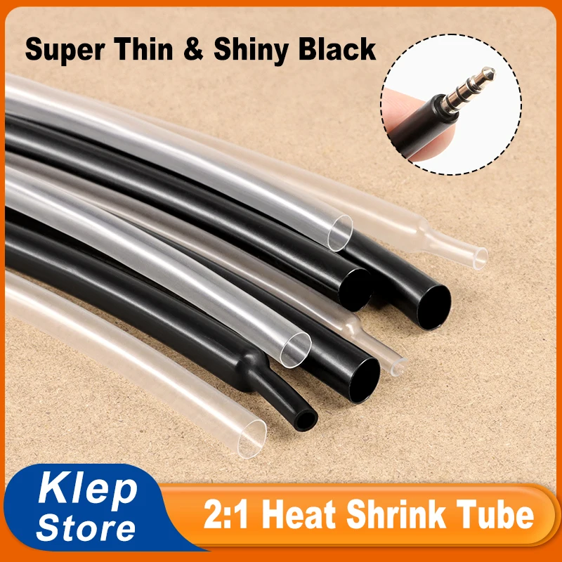 1 ~ 50m Shiny Black Clear Super Thin 2:1 Heat Shrink Tube 1mm ~ 20mm DIY Earphone Line Audio Cable Repair Shrinkable Sleeve Wrap