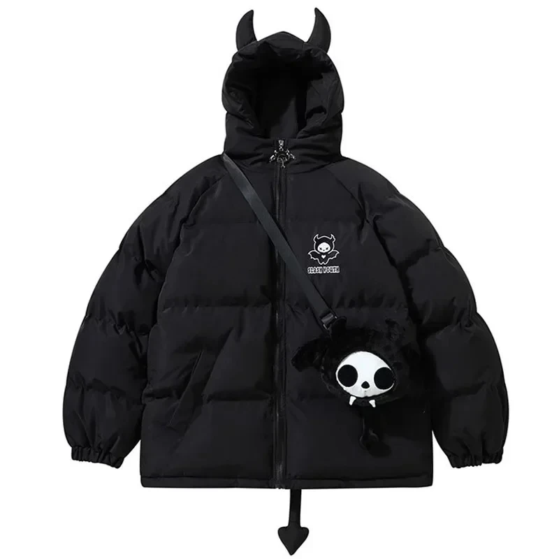 Parkas con capucha para hombres y mujeres, chaquetas acolchadas de algodón con cola y ala de cuernos de Diablo, abrigos gruesos y cálidos de burbujas con muñeca, Hip Hop, High Street, Invierno