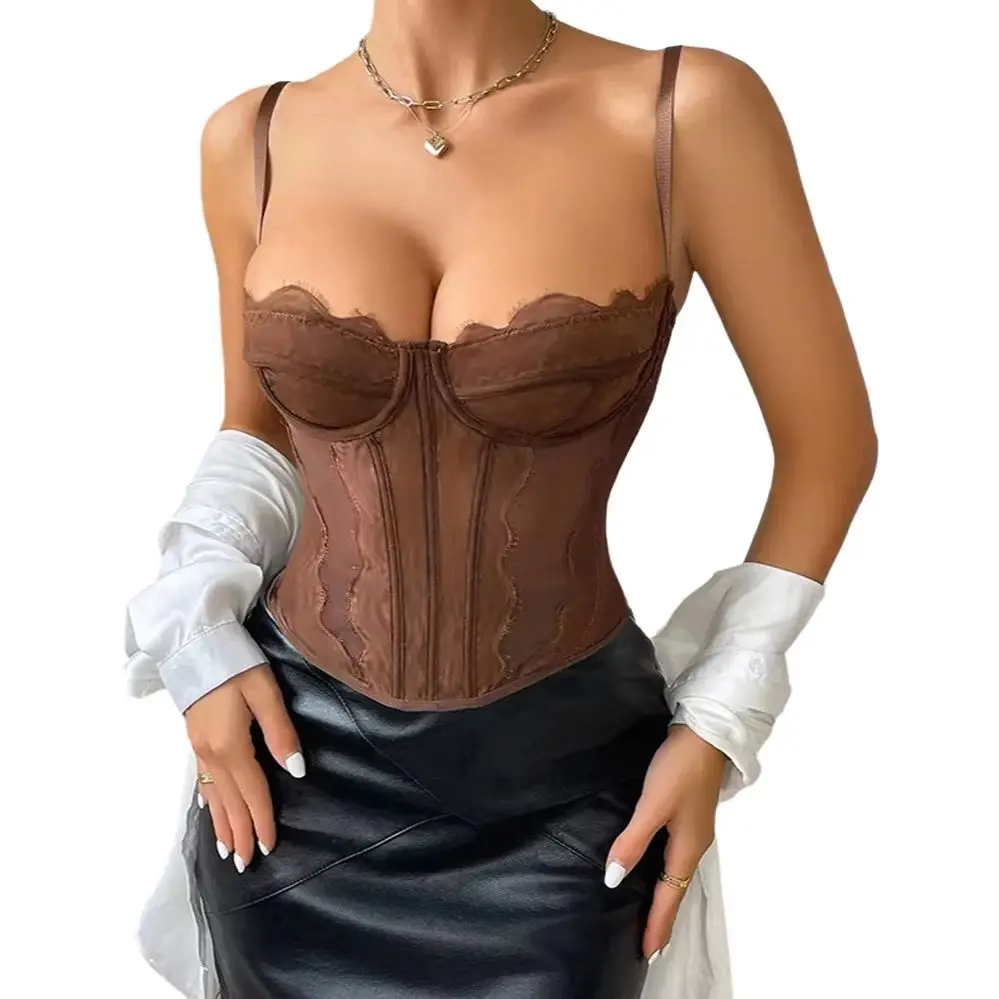 Sexy Concentrated Slimming Fishbone Bralette Lace Trim See-through Pure Desire Strap Vest for Women Outerwear