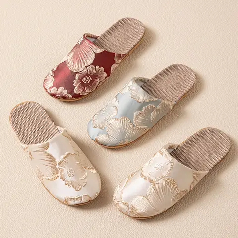 Silk Elegant Mule Slippers Women Home Floral Linen Summer Shoes Ladies Silent Indoor Slides Unisex Couple Lightweight Anti-Slip
