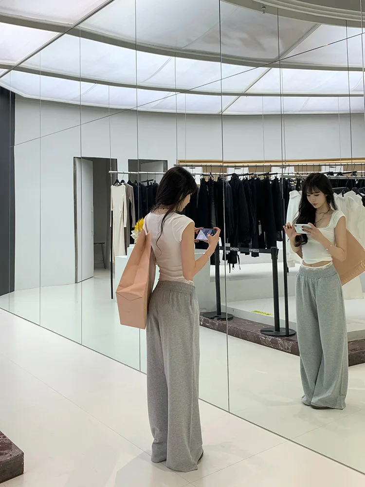 

Женские летние повседневные брюки с высокой талией, прямым кроем, кружевным дизайном и вставками, спортивные длинные брюки, повседневные брюки