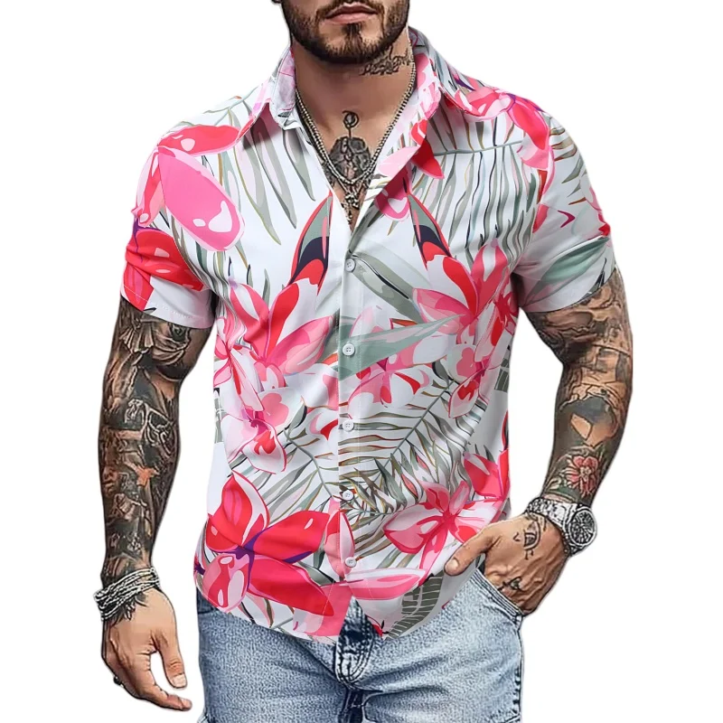 

Летние гавайские рубашки для мужчин, повседневная свободная блузка с лацканами и цветочным принтом для пляжного отдыха, модная мужская рубашка с коротким рукавом с принтом в стиле ретро