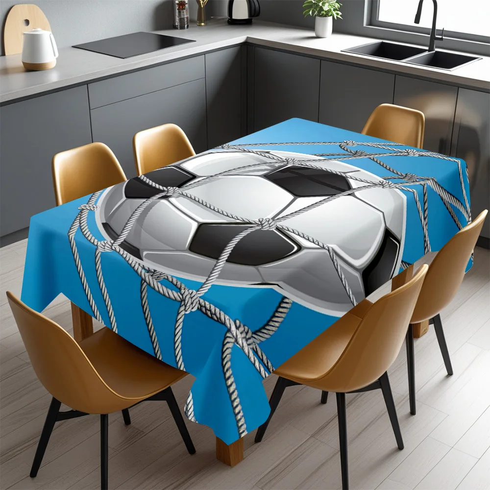 Football Tablecloth, Bright Blue Base Soccer Ball Net Art Print, Anti-stain Table Cover for Dining Table & Family Party Decor