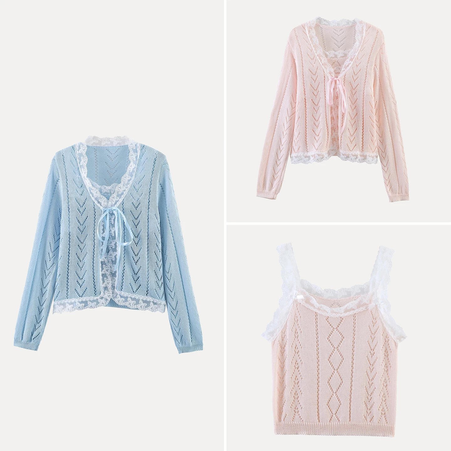 

Spring 2026 Women's Fashion Sweet Lace Knitted Cardigan And Tank Top Set Sun Protection Clothing Two-Piece Set Zadata Brand