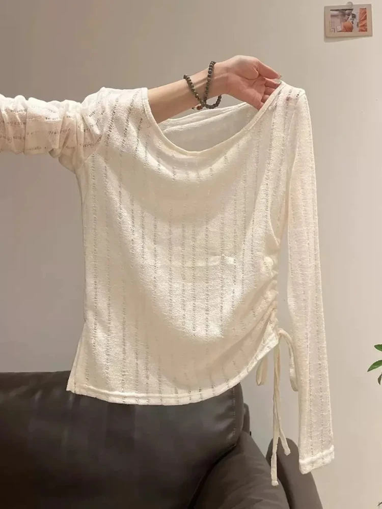 Slimming Effect Long Sleeve T-Shirt Women's Early Autumn Design Waist Cinching Shoulder Angle Shirt Korean Style Commute Fashion