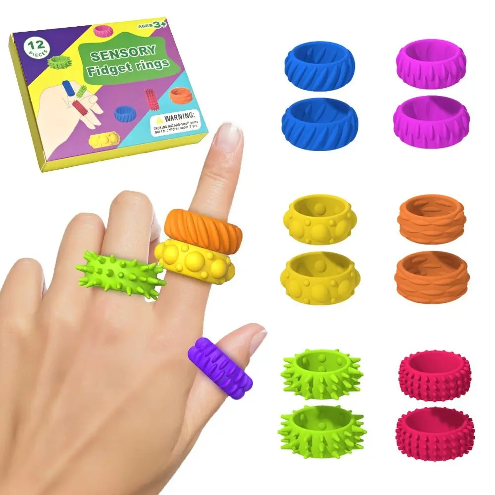 

12pcs Spiky Sensory Finger Rings For Kids Anti Stress Anxiety Acupressure Rings Stress Relief Fidget Toys Children Gift