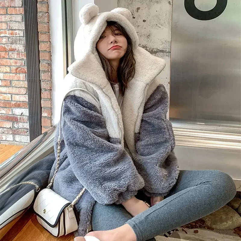 Lamb wool coat women\'s winter clothes y2k 2021 new student Japanese soft girl cute plus velvet thick hooded sweater ins selling