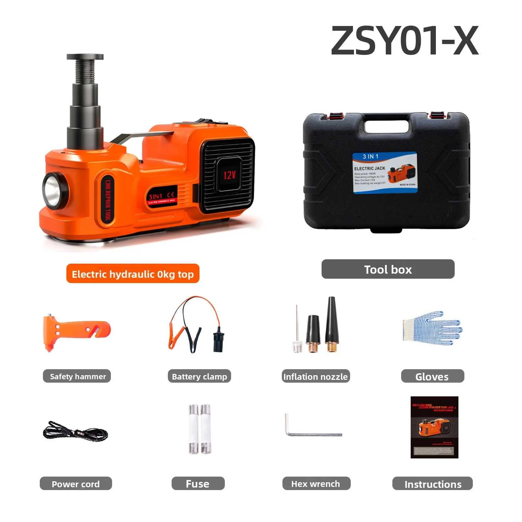 12V Electric Hydraulic Jack and Tire Inflator Kit, 5 Ton Car Floor Lift with Impact Wrench and LED Light for Roadside Tire
