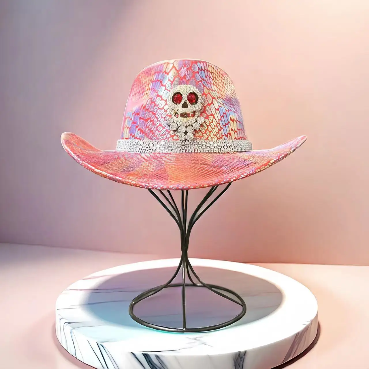 A colorful pink shiny python skull pattern fashion top hat for bachelorette party, adult party, Halloween, everyday