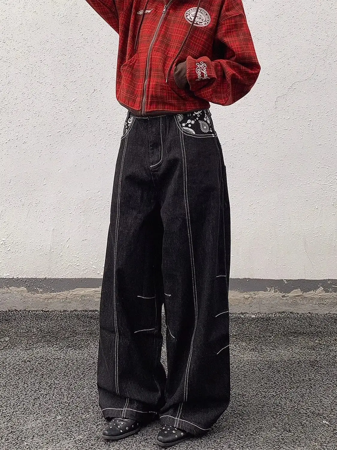 Men's Bright Line Decoration Vintage Jeans Hip-hop Casual Pants Male Bottom Cool Boy High Waist Y2k Black Denim Trousers