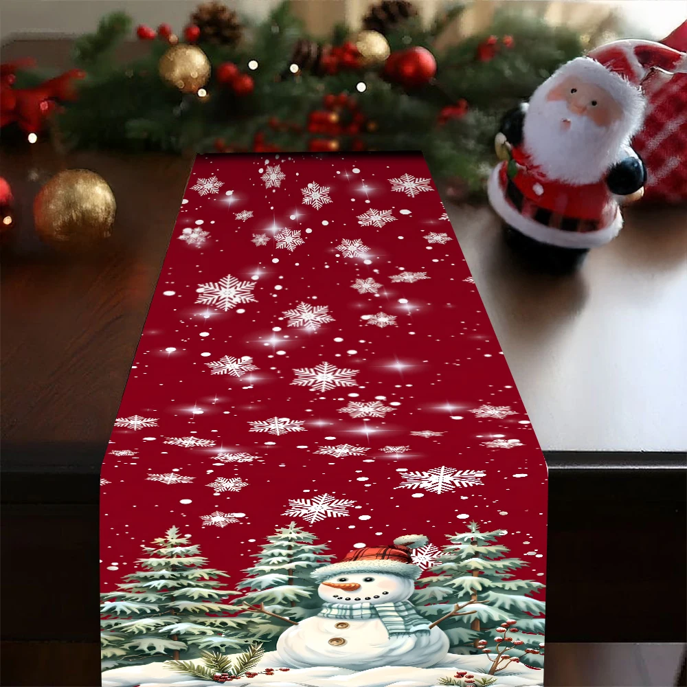 Christmas Snowman Xmas Tree Snowflake Table Runner Red Background Winter Holiday Farmhouse Dining Table Runner Home Christmas