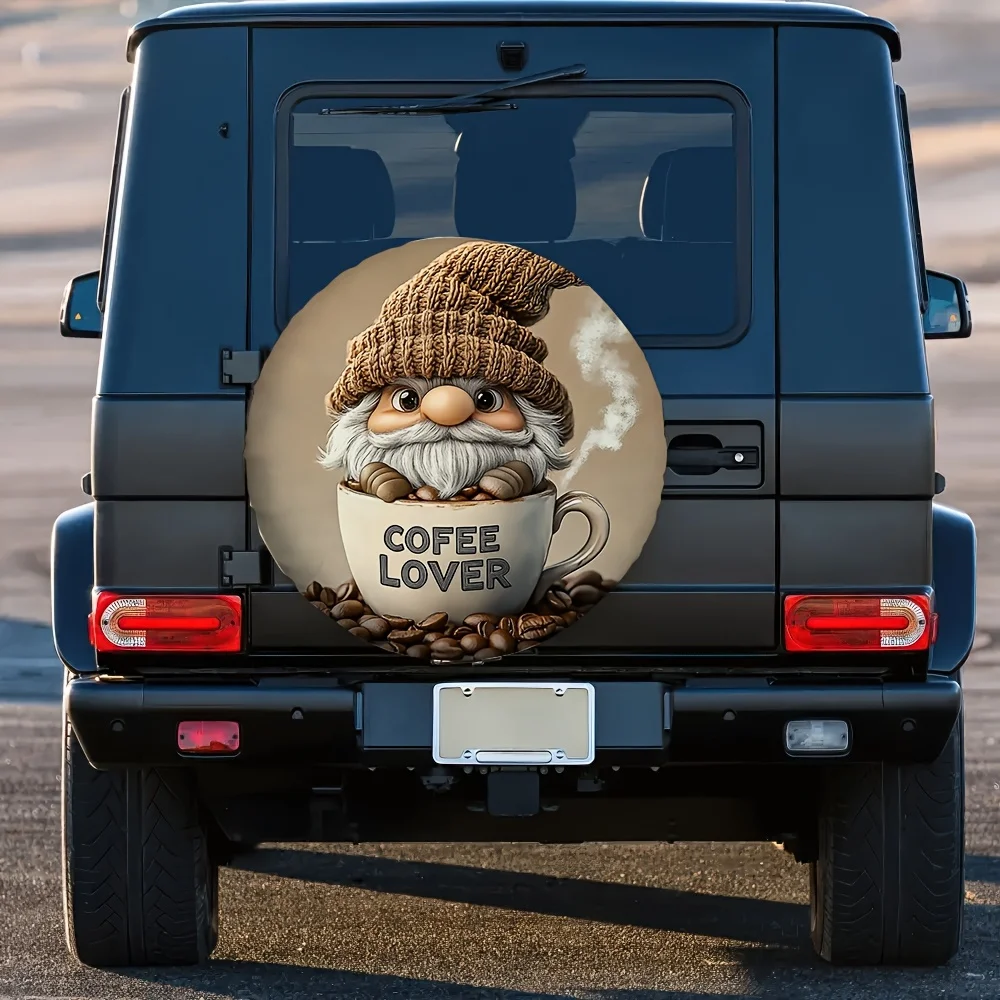 1pc, Tire Protection Covers Featuring A Coffee Gnome, Made From Versatile 100% Polyester, Suitable For Christmas Gifts, Designed