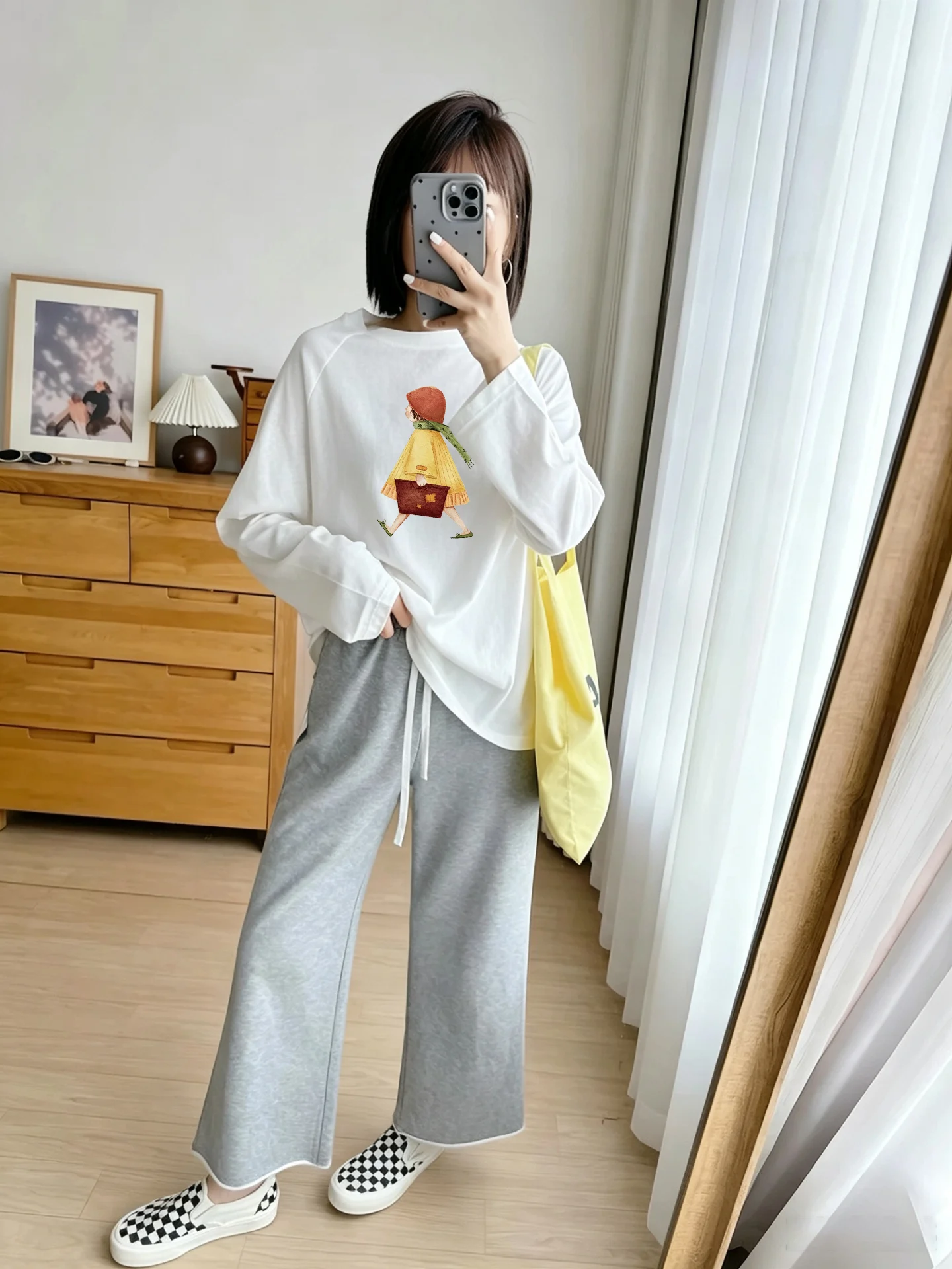 Loose Fit Long Sleeve T-Shirt Women's Korean Style Snowflake Cotton Lightweight Anti-Aging Print Base Shirt Top