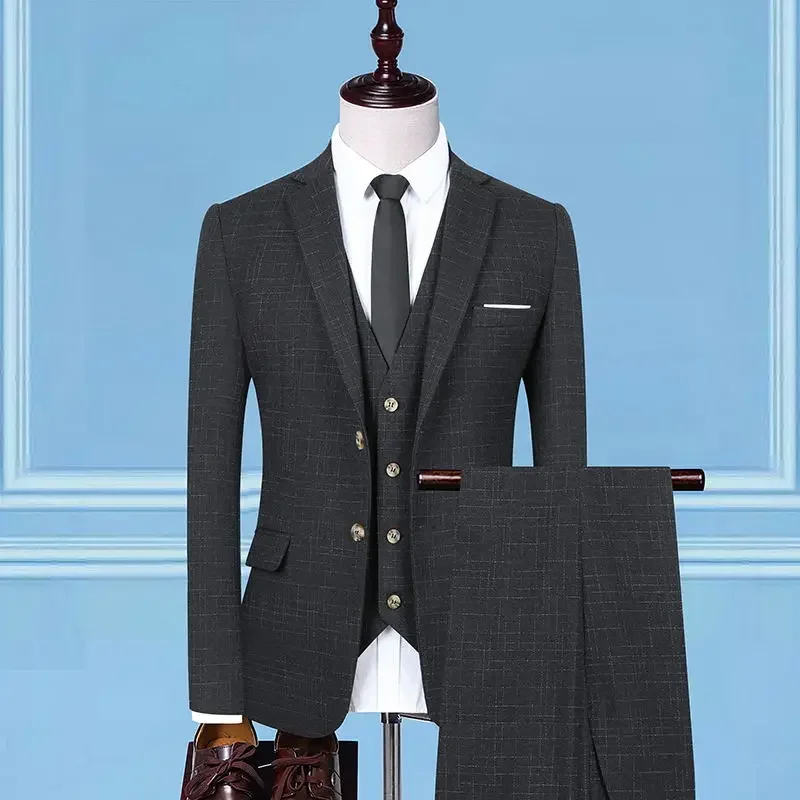 2024 High Quality (suit + Vest + Trousers) Men\'s Plaid Fashion Business Casual Formal Dress Work Wedding Groomsmen Dress Suit