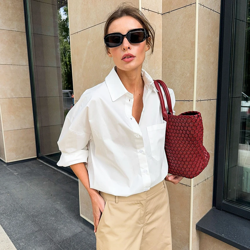

Linad Office White Turn Down Collar Woman Blouse Autumn Elegant Cotton Long Sleeve Shirt With Pocket Casual Solid Tops 2025