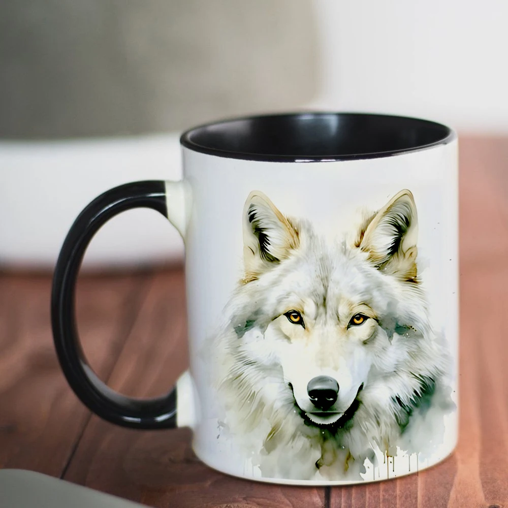 white snow wolf coffee mug 11oz ceramic tea cup Birthday gifts for animal lovers