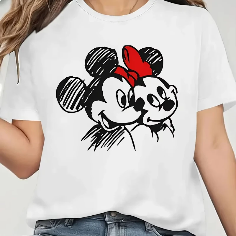 

MINISO Official Mickey & Minnie Mouse Women'S T-Shirt - Breathable Round Neck Short Sleeve Tee With