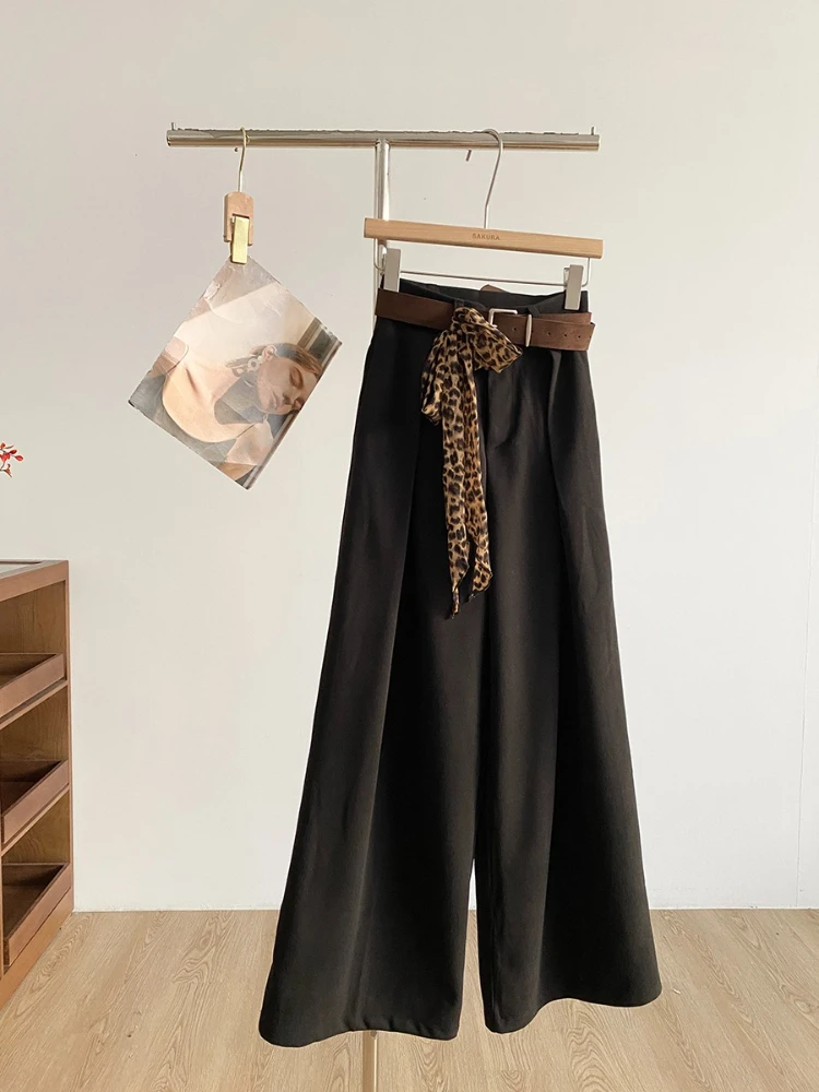 

Универсальные шикарные простые шерстяные повседневные брюки для женщин, осень/зима, новые узкие и широкие брюки с высокой талией и поясом