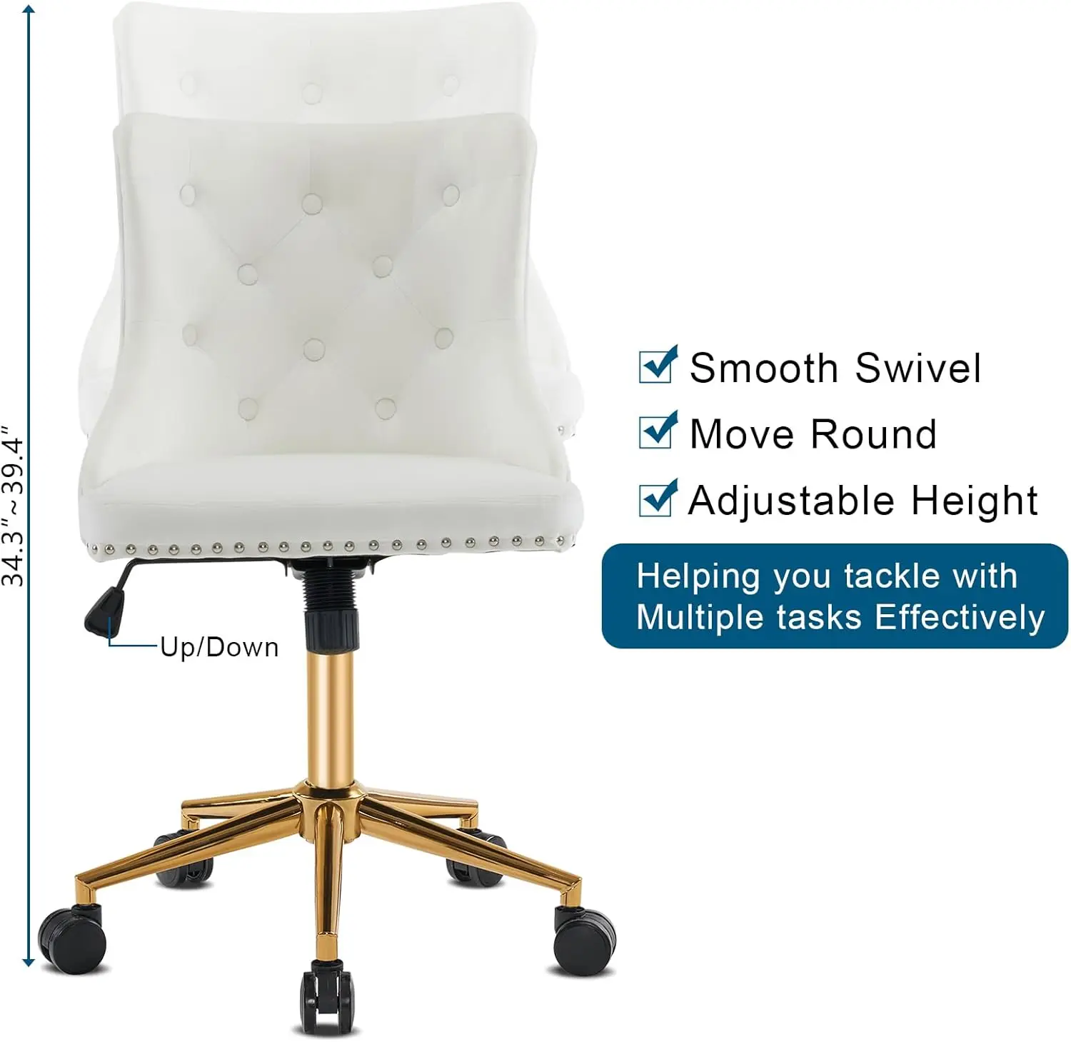 Silla de escritorio de oficina sin brazos de terciopelo blanco con base dorada - Silla de maquillaje pequeña para comodidad en el dormitorio