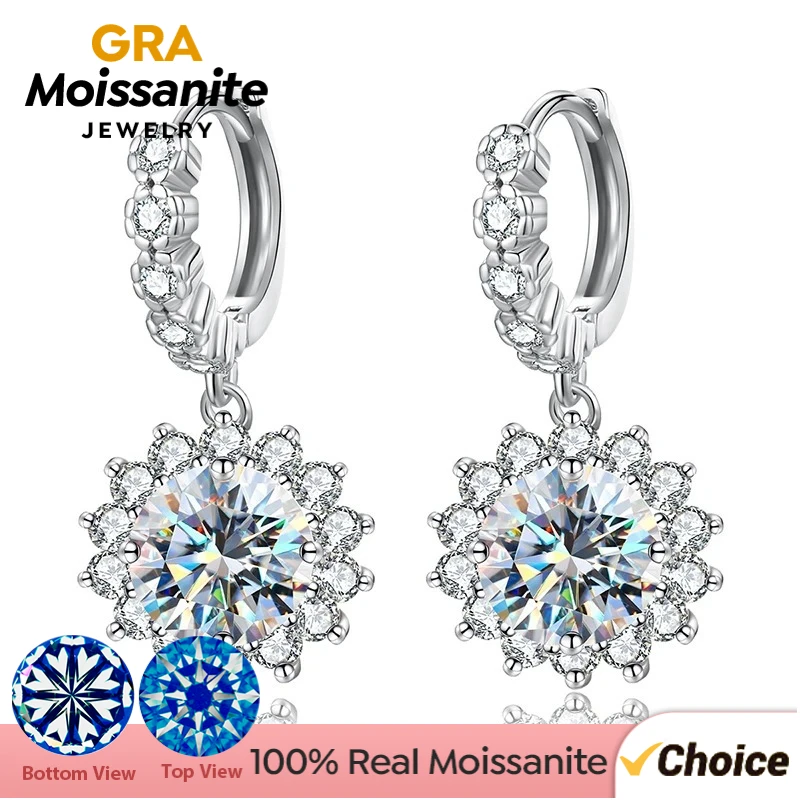 

GRA 1-2 карата свадебные серьги с муассанитом и солнечным цветком для женщин с сертификатом, роскошные ювелирные изделия из стерлингового серебра 925 пробы