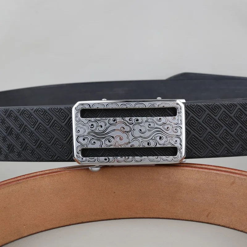 New handmade imitation titanium auspicious cloud pattern buckle double loop pattern men's real cow belt imported top layer cowhi