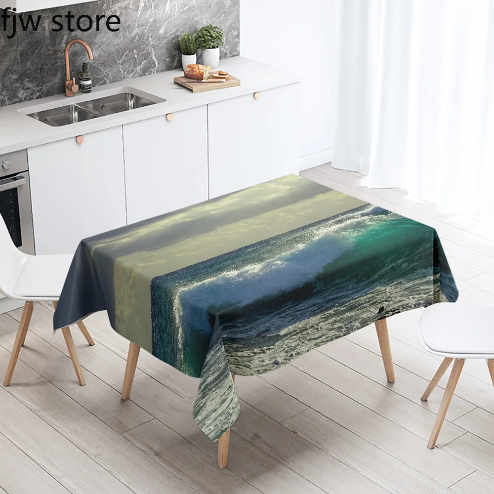 Blue Wave Printed Rectangular Tablecloth Stain Resistant Waterproof Kitchen Restaurant Banquet Table Cloth Home Decor