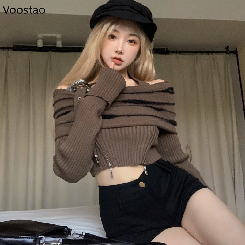 Spring Autumn Harajuku Y2k Knitted Pullover Women Sexy Off Shoulder Long Sleeve Cropped Sweater Female Korean Punk Knitwear Tops