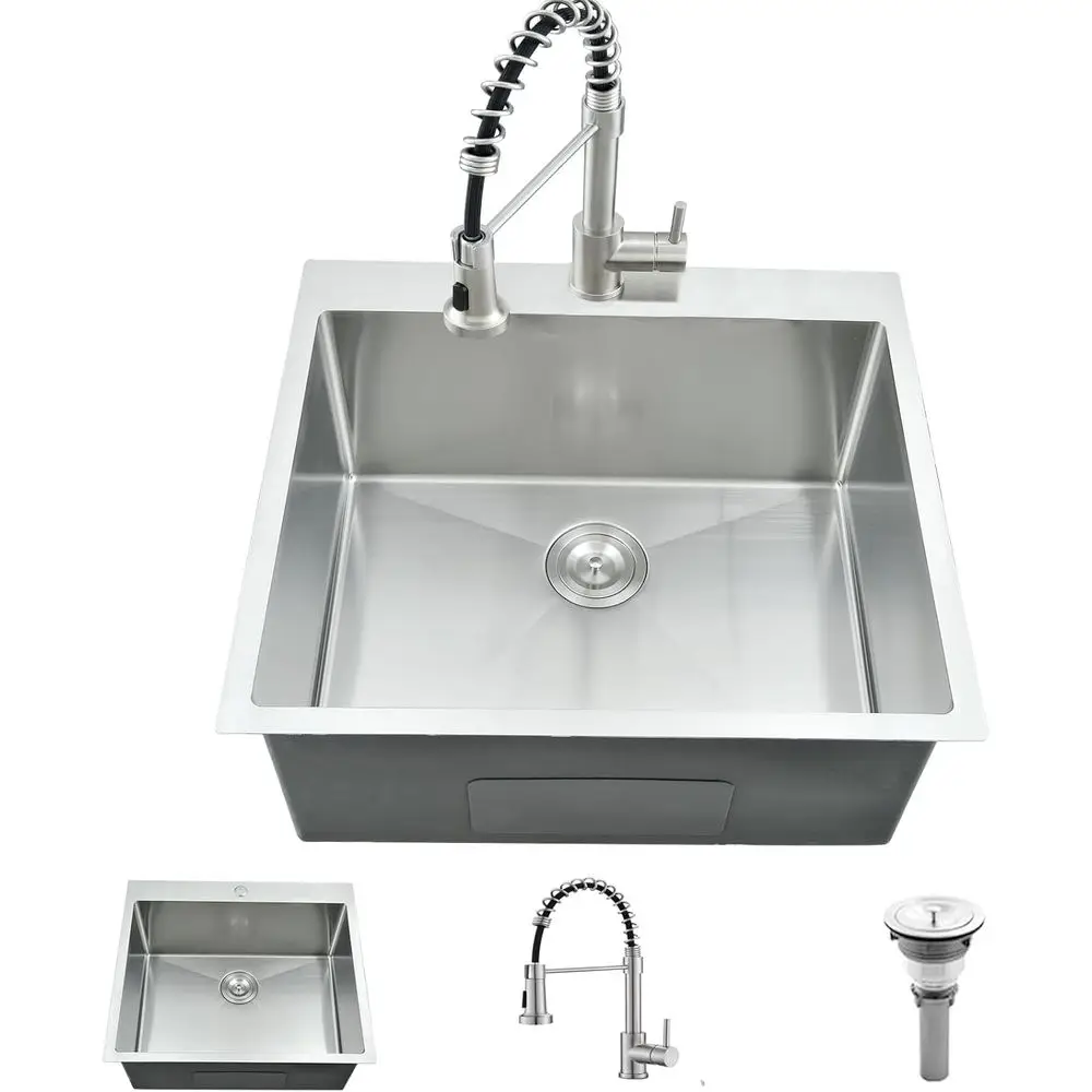 

25-дюймовая встраиваемая хозяйственная мойка с краном, 25x22x12 дюймов, встраиваемая мойка для прачечной, 16-го класса прочности, из нержавеющей стали, глубина 12 дюймов, с одной чашей