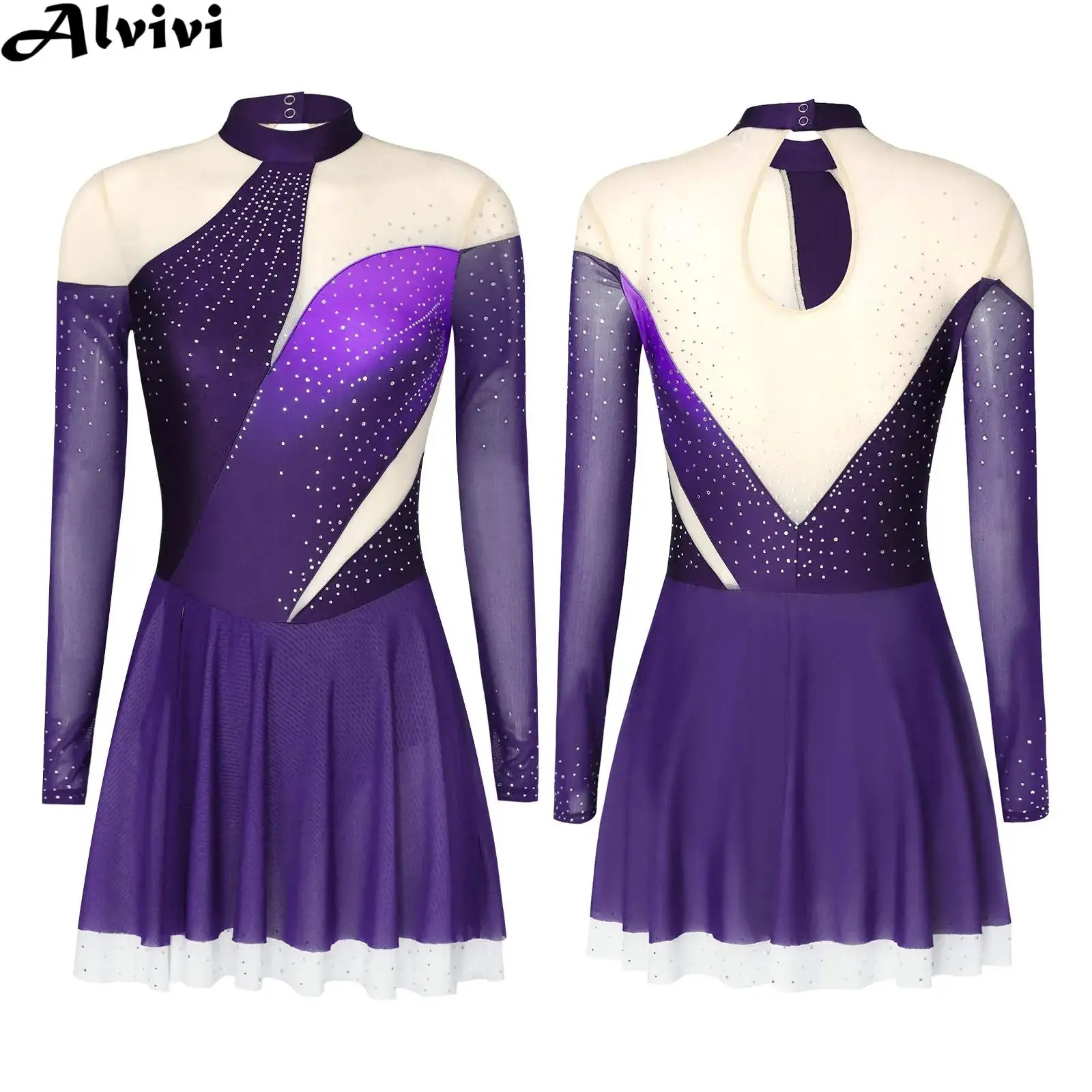 Women Figure Skating Gymnastics Acrobatics Ballet Performance Costume Long Sleeve Shiny Rhinestones Sheer Mesh Leotard Dress
