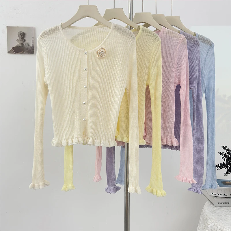 

Gagarich Sweet Three-dimensional Flower Thin Long Sleeved Cardigan Women Summer Black Fungus Edge Single Breasted Knitted Top