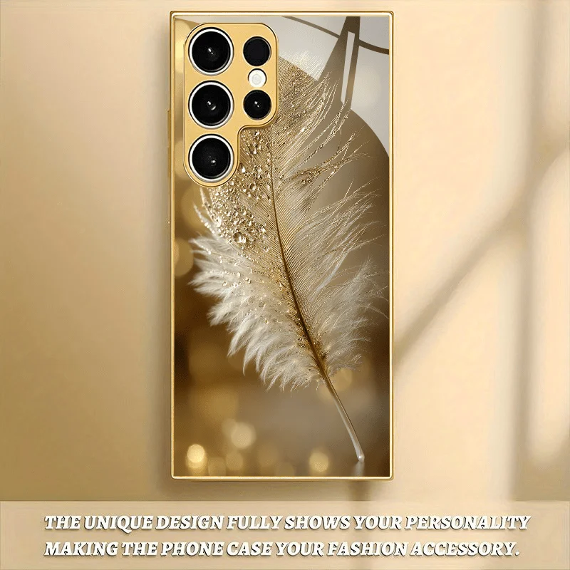 Golden feather patterned glass phone case suitable for Samsung Galaxy S26 S25 S24 S23 S22 S20 FE/Ultra/Plus anti drop back cover