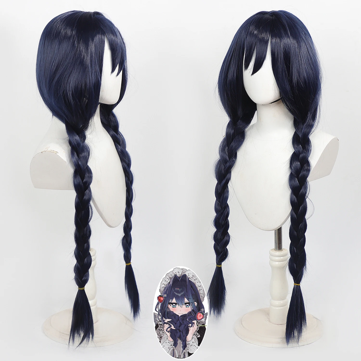 Ouro Kronii Cos Wig Hololive English VTuber Dark Blue Double Braided Wig With Scalp Top Heat Resistant Synthetic Hair For Cos
