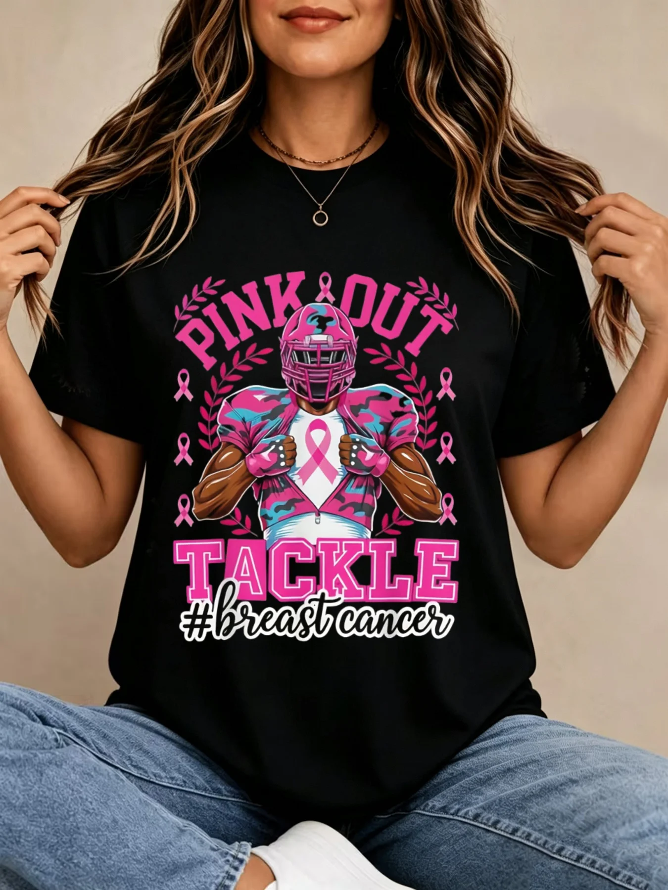 Women's and Men's Universal Breast Cancer Prevention Football T-Shirt with Ribbon Breast Cancer Label, Tackle Player Pattern, Activity Clothing (, Vintage Casual Crew Neck Print T-Shirt)